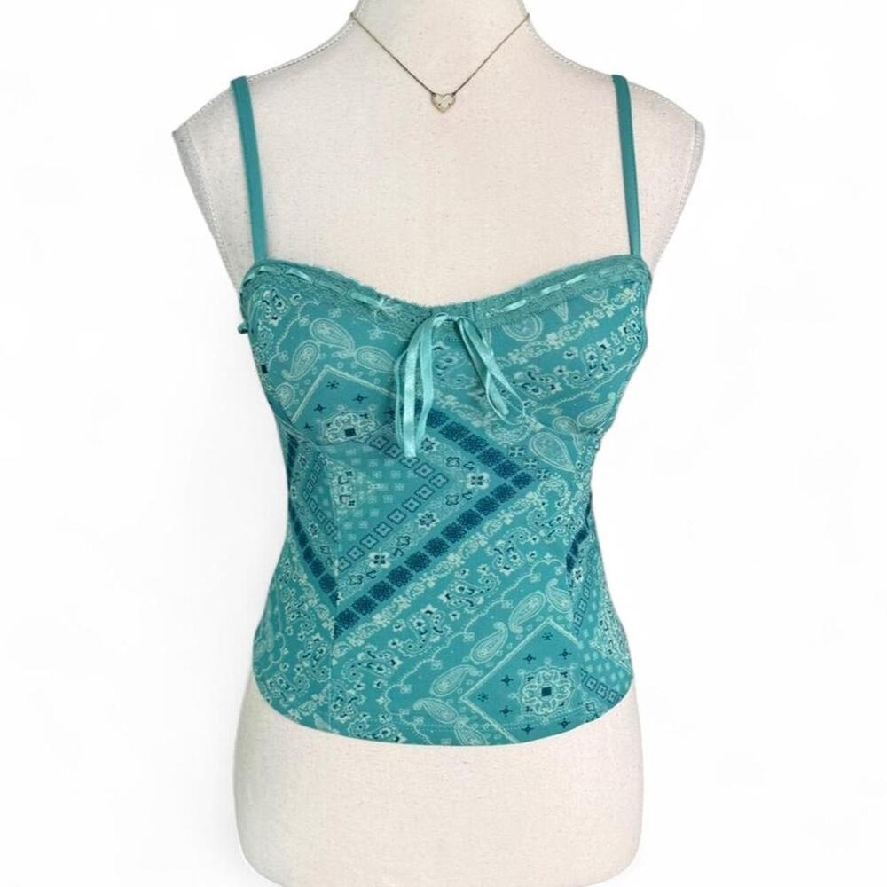 Tropical Summer Y2K Blue Paisly Lace Tank Top Womens size XXS